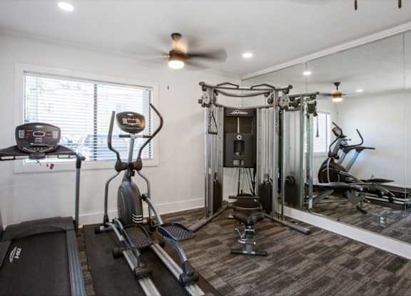 A well-equipped home gym with a treadmill, elliptical trainer, and other exercise machines.