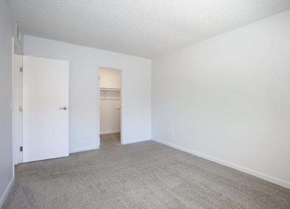 A white room with a carpeted floor and two doors.