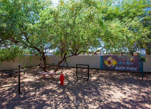 A tree in a yard with a sign that says Bark Park.