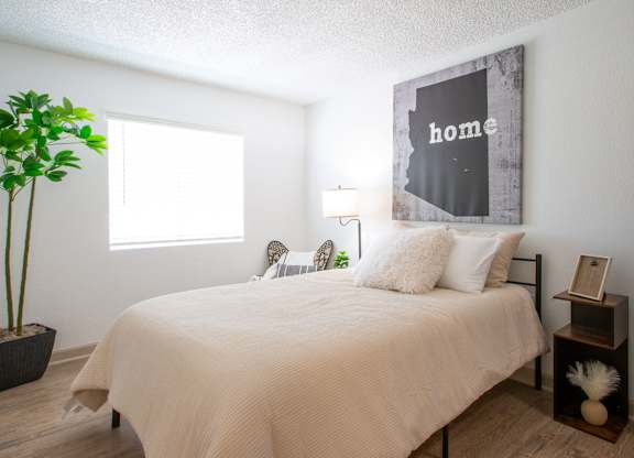 A bedroom with a bed, a potted plant, a lamp, and a framed picture on the wall.