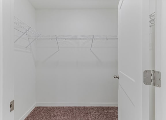 A white closet with a door and a shelf.