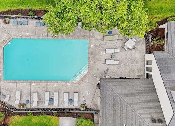 An aerial view of a swimming pool surrounded by lounge chairs and trees.