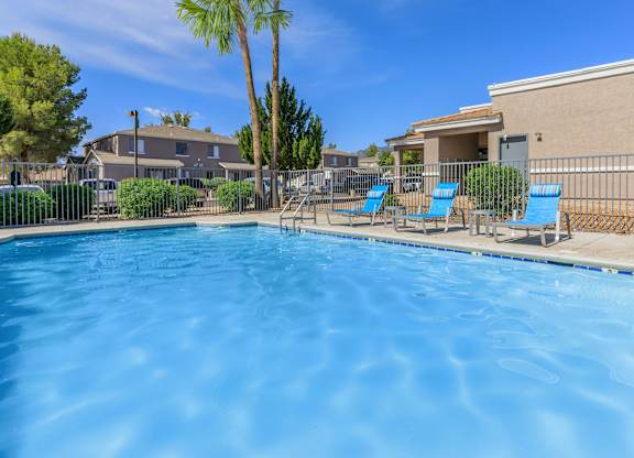 A swimming pool with blue water and a palm tree in the background.