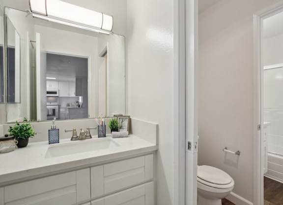 A white bathroom with a sink, mirror, toilet and a plant.