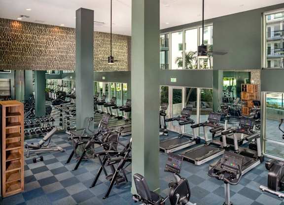 A gym with treadmills, weights and exercise machines.