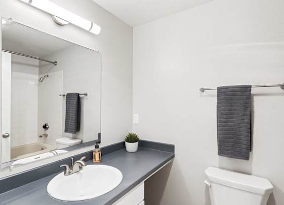 A bathroom with a white sink and a white toilet.