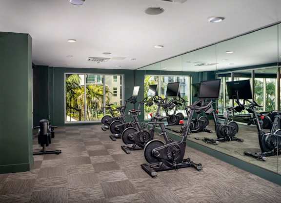 A gym with a row of stationary bikes and a mirrored wall.
