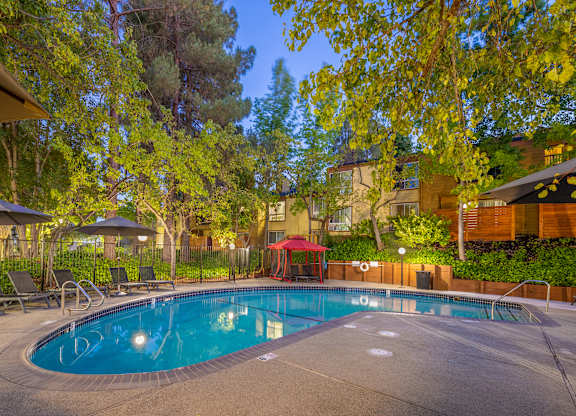 A swimming pool surrounded by trees and chairs.