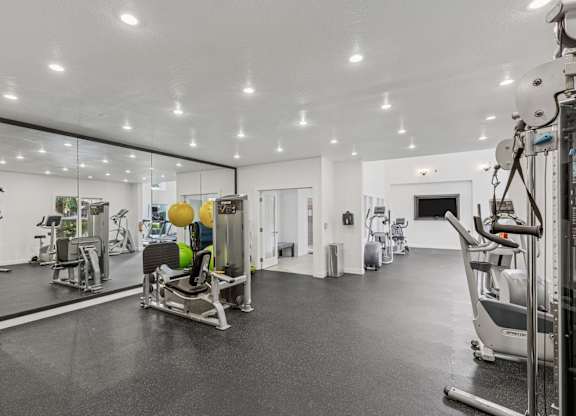 A gym with a variety of equipment including a treadmill, weights, and a bench press.