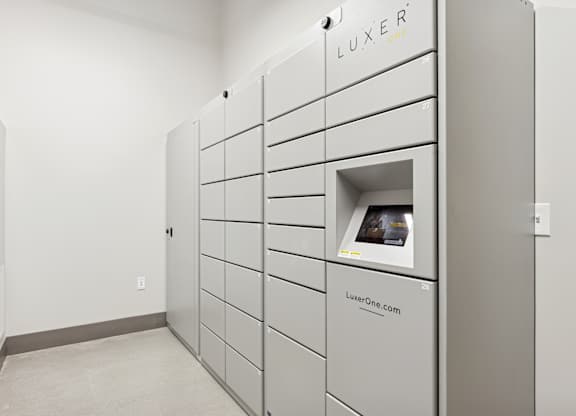 A row of lockers with the word LUXER on the top.