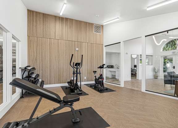 A room with a treadmill and exercise bike.