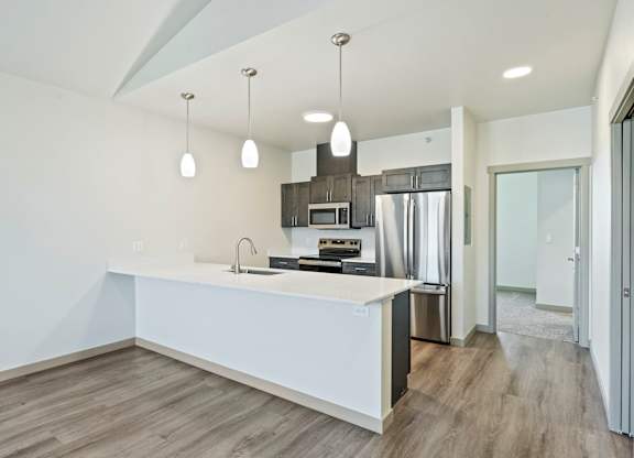 A modern kitchen with a white countertop and wooden flooring.