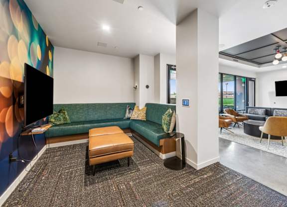 Theatre and gaming lounge at Grand Belmont Apartments in Central Eastside Portland, Oregon.