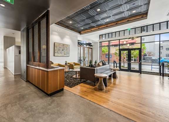 Front lobby and coffee bar area at Grand Belmont Apartments in Central Eastside Portland, Oregon.