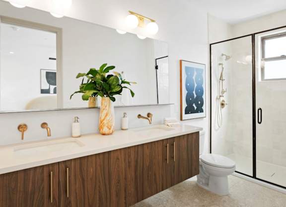 A bathroom with a toilet, sink, mirror, and a plant.