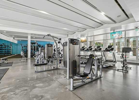A gym with a variety of equipment including treadmills, weights, and exercise machines.