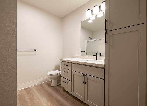 A bathroom with a toilet, sink, and mirror.