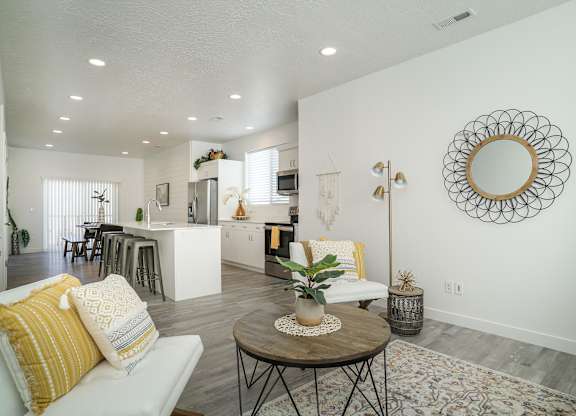 a living room with a couch and a table