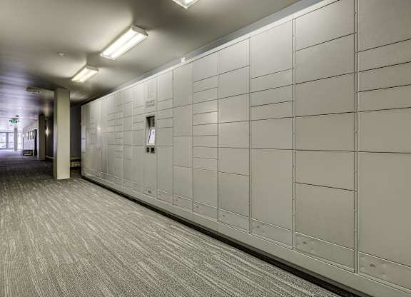 A long hallway with a white wall and grey carpet.