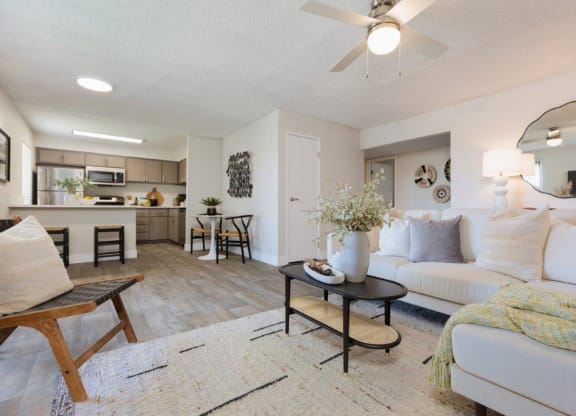 a living room and kitchen with a ceiling fan