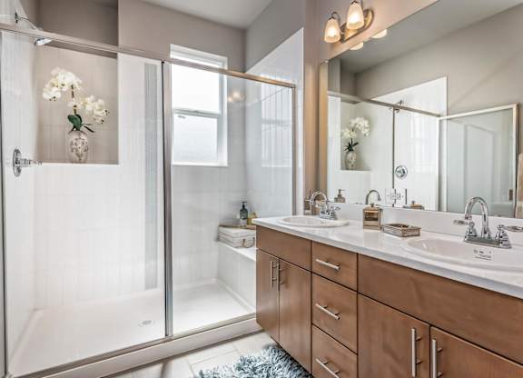 A bathroom with a walk-in shower and double sinks.