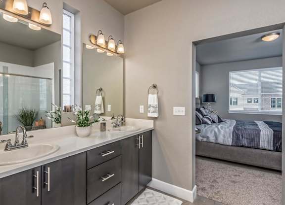 A bathroom with a double sink and a large mirror.