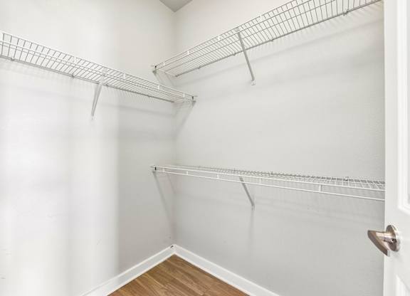 A white closet with shelving and a door.