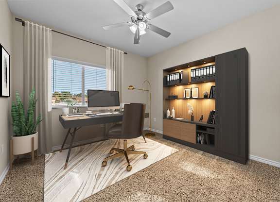 A room with a desk, chair, and a ceiling fan.