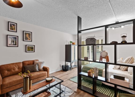 a living room with a couch and a glass display case