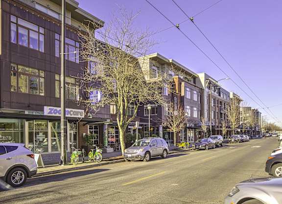 A street view of a residential area with cars parked on the side of the road.