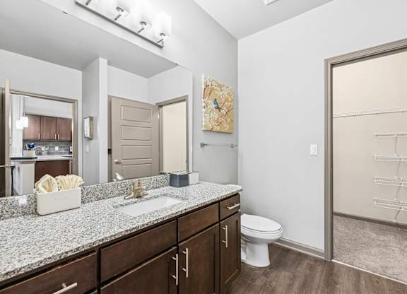 909 Flats Modern Apartments in Nashville, Tennessee Model Bathroom with Attached Walk-In Closet