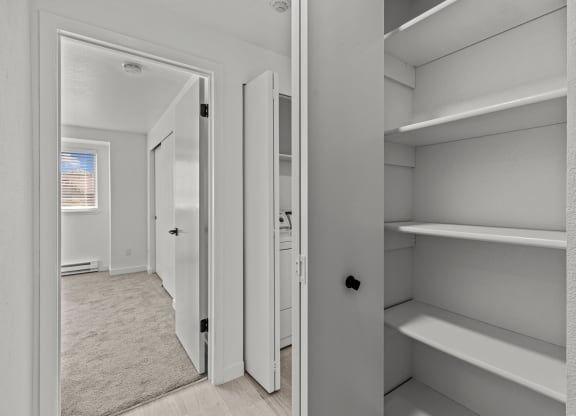 a walk in closet with shelves and a door to a bathroom