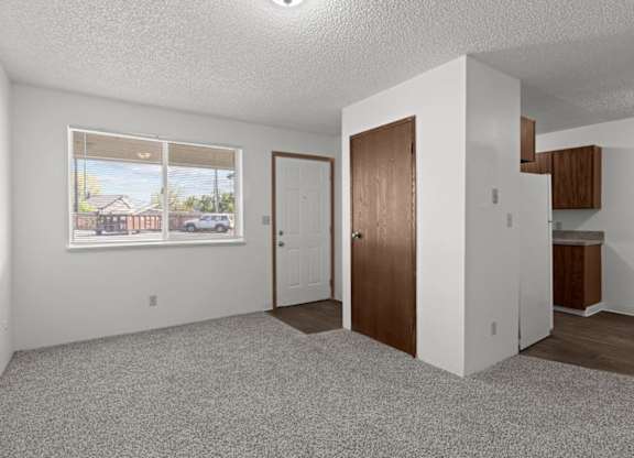 A room with a window, a door, and a cabinet.