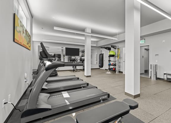 a gym with treadmills and other cardio equipment in a building