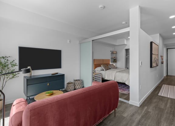 a living room with a couch and a bed in a bedroom