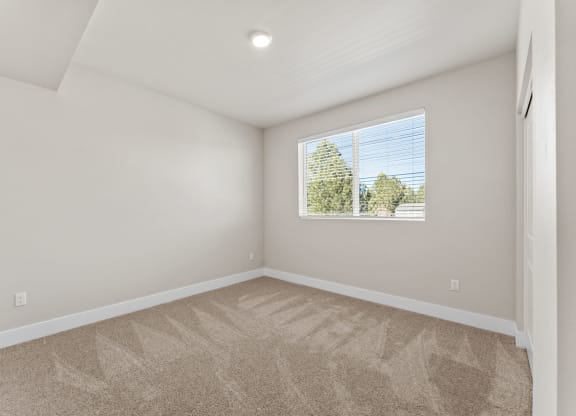 an empty room with carpet and a window