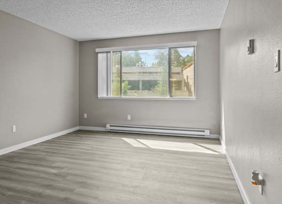 Empty room with a window and a radiator on the floor.