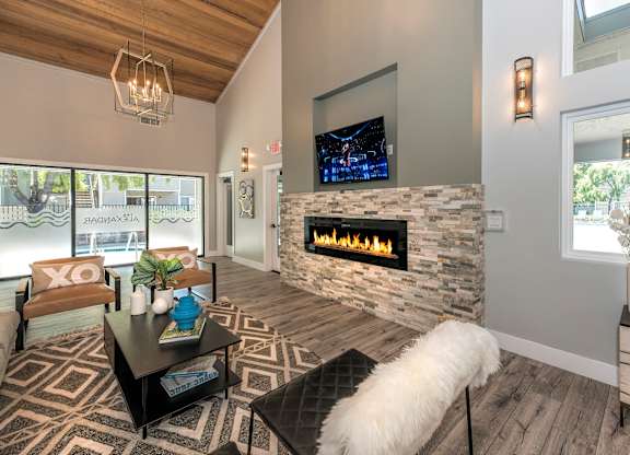 The Alexandar Apartments Clubhouse Seating and Fireplace