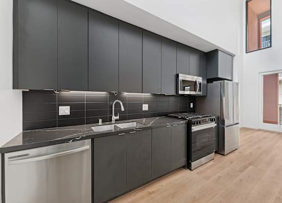 OnyxOnPark_SanDiego_CA_Vacant_Penthouse_A_A modern kitchen with black cabinets and stainless steel appliances.