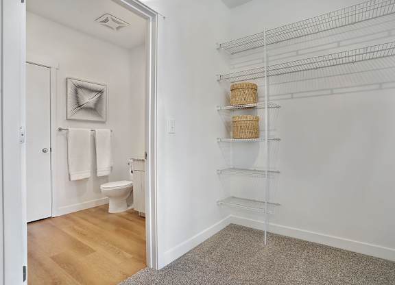 Alvera at the Meadows  large closet with white door, and a white wall.