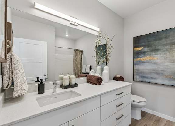 A bathroom with a white countertop and a large mirror above the sink.