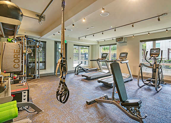 a gym with weights and cardio equipment in a room with windows