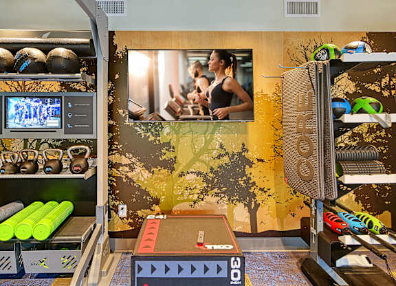 a gym with weights and a television on the wall