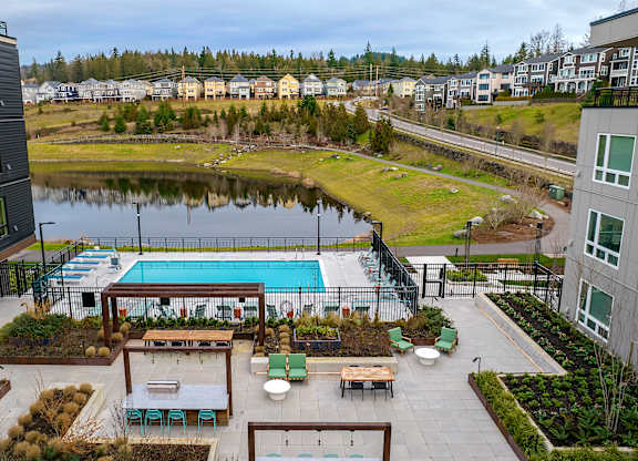 a view of a pool and a pond in a building