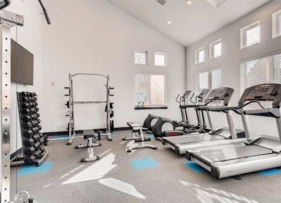 A spacious gym with treadmills, weights, and exercise equipment.