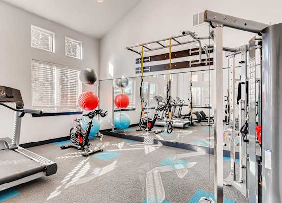 A gym with a treadmill, exercise balls, and weight machines.