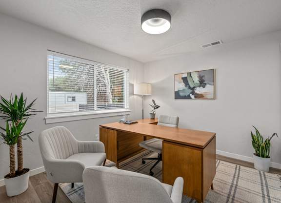 A room with a desk, chairs, and plants.