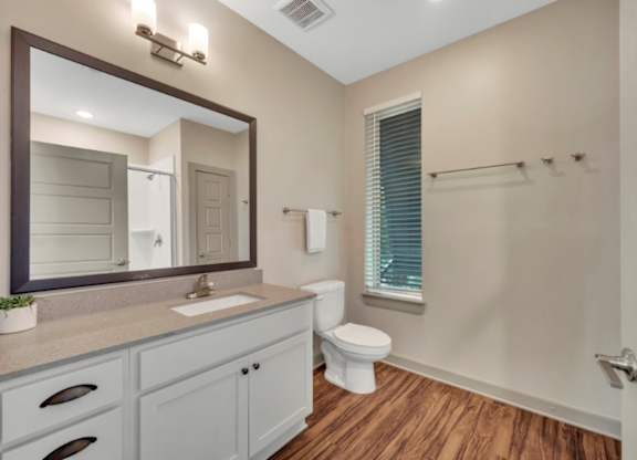 A bathroom with a toilet, sink, and mirror.