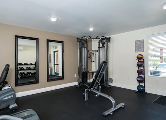 A home gym with a treadmill, weights, and mirrors.