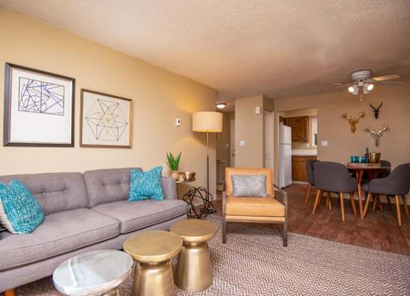 A living room with a grey couch, a wooden chair, a round table, and a rug.